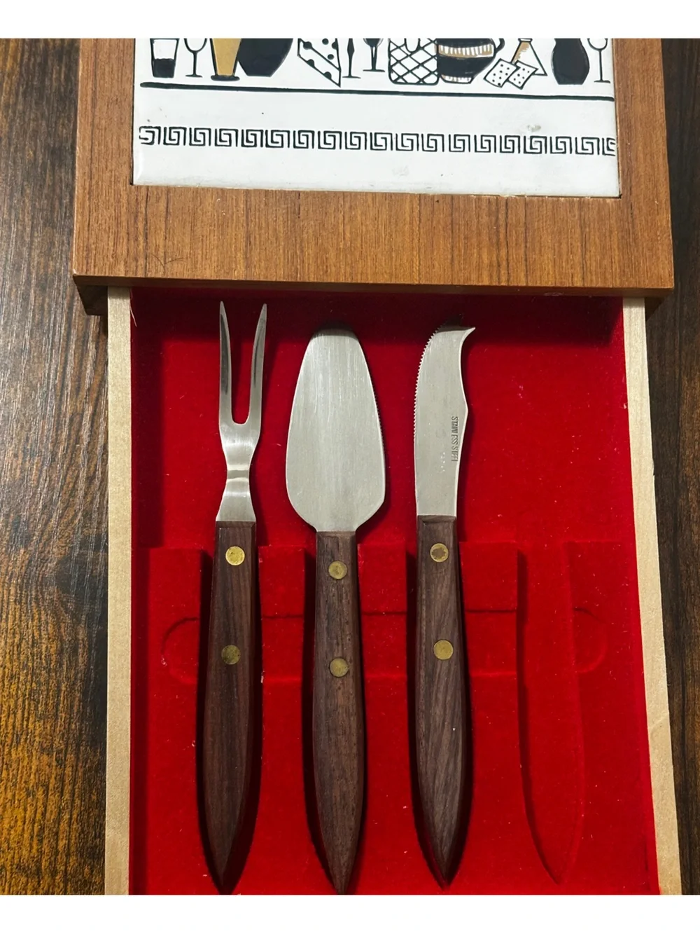 Vintage Stainless Steel Cheese Serving Set with Dark Wood Handles